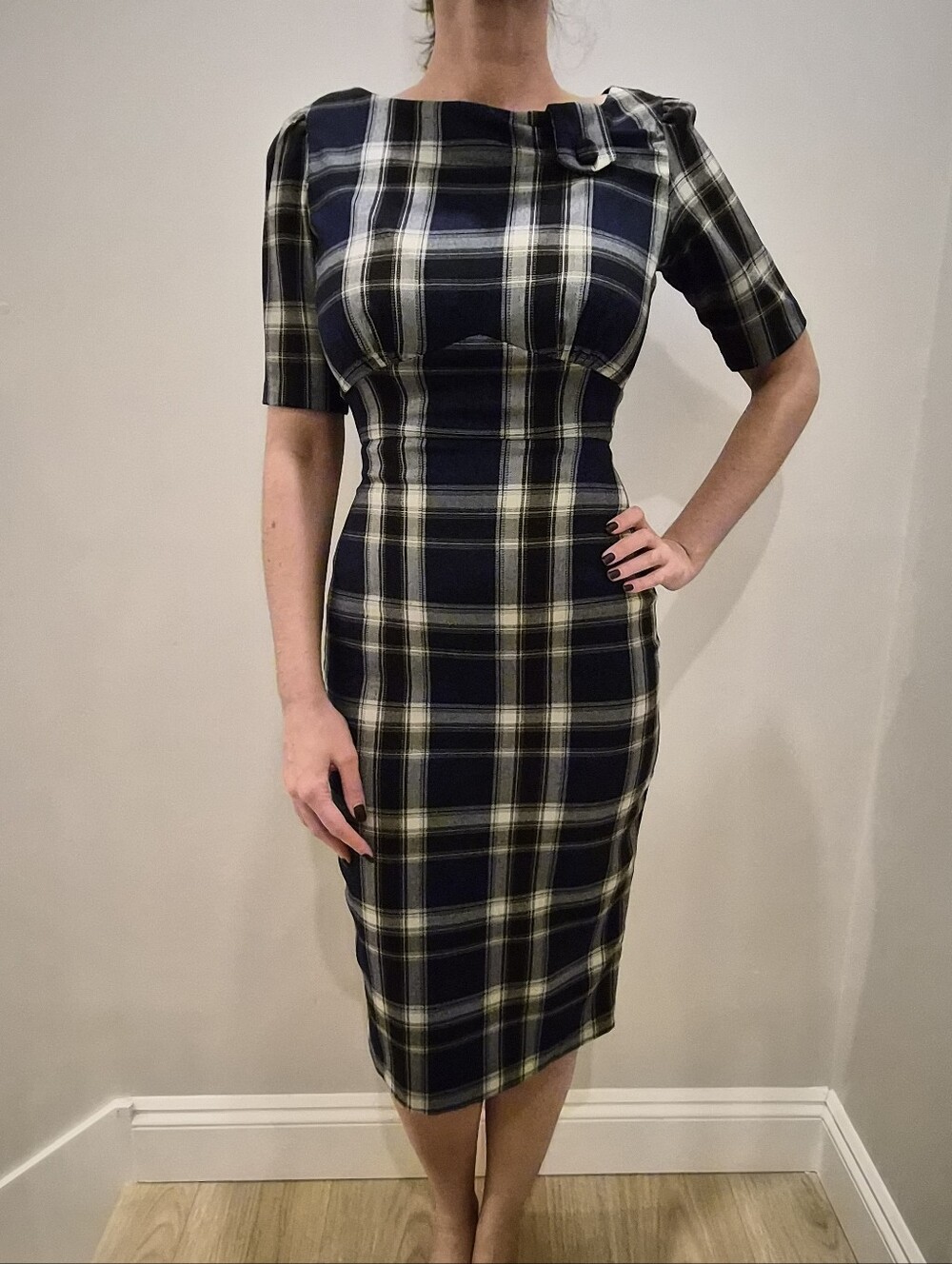 Stop Staring Navy and Cream Plaid Midi Sheath Dress